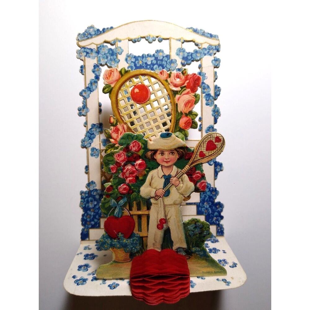 Antique Valentine German Child & Racket Children Greeting Card Die-Cut Stand Up
